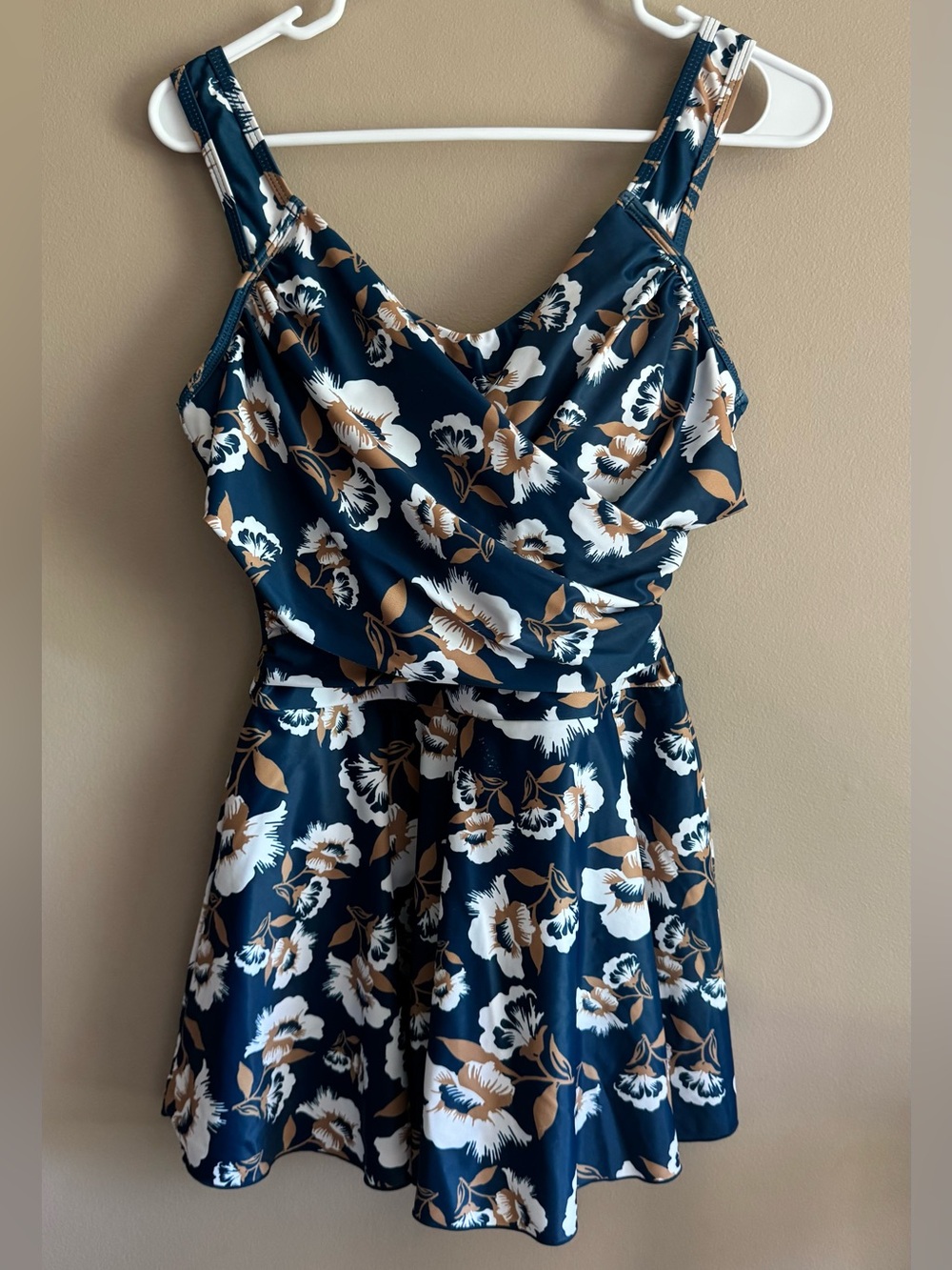 SHEKINI Floral V-Neck Fit & Flare Swim Dress in Navy, White & Tan, Size Medium